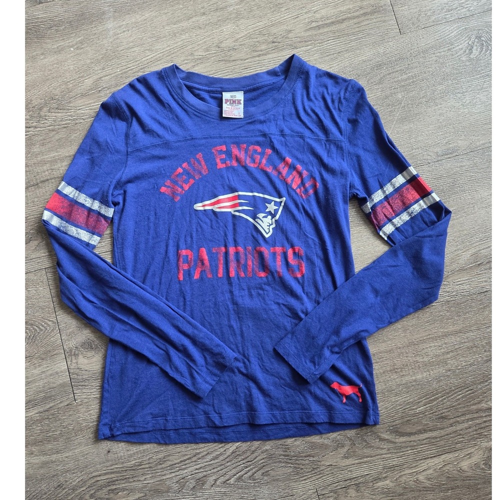 PINK Victoria's Secret Patriots T-Shirt Women Large Blue NFL Long Sleeve